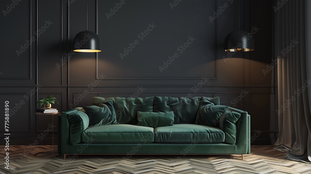 Modern interior of living room green sofa with wall lamp on parguet flooring and dark gray wall
