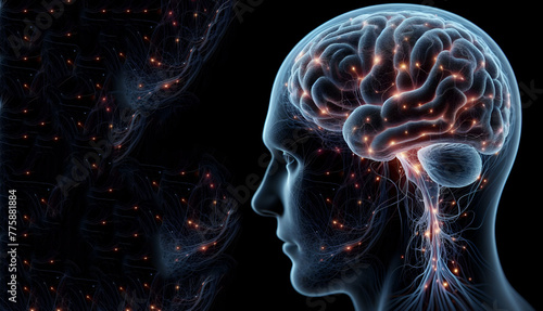 Human brain neurons Nervous system activity Machine learning Illustration on a dark background, generative ai