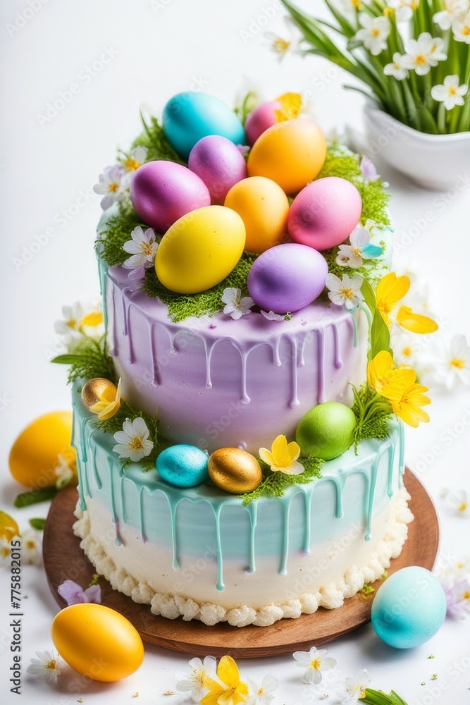 Easter cake or sweet bread decorated with white icing, red coloured Paschal eggs dyed, spring flowers, table and window background. Easter holiday decorations and symbols: bird and bunny.