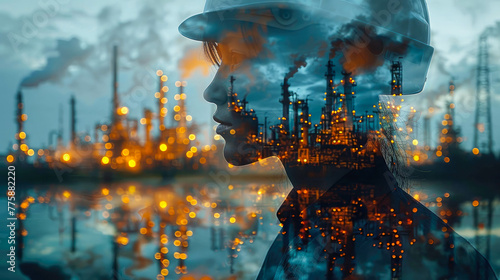 Double exposure of woman in gas mask and oil refinery. Concept of industry 4.0 © Aliaksandra