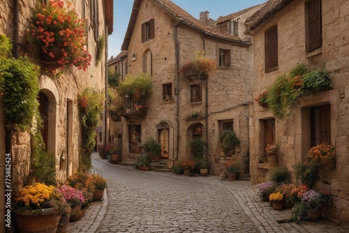 An Artwork  Discover the enchanting beauty of a village  where cobblestone pathways wind past colorful flower displays  a cultural retreat. 3 2.