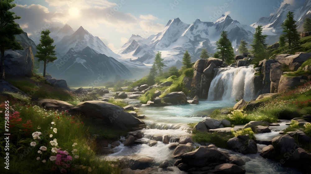 Beautiful panoramic landscape with a waterfall in the mountains.
