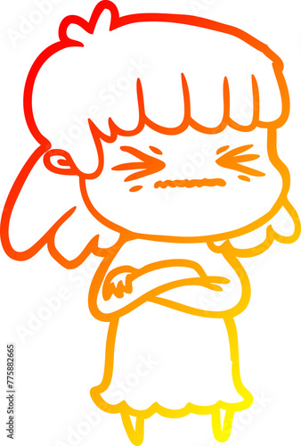 warm gradient line drawing of a cartoon angry girl