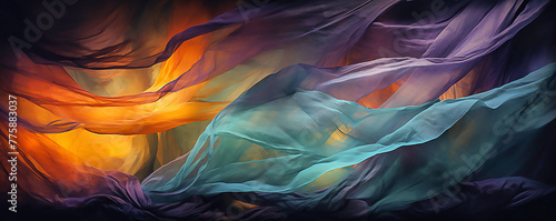 Dark colored fabric, in the style of colorful abstracts, violet and aquamarine, dark yellow and dark orange, dusty piles, tangled nests, gossamer fabrics. Use as background, wallpaper, web page. photo
