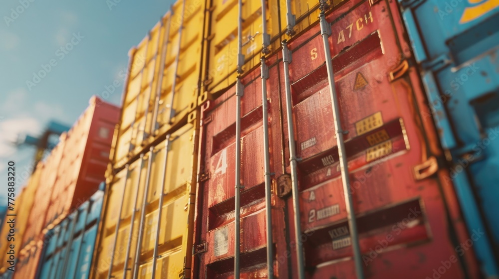 Fototapeta premium Close up view of multiple shipping containers. Ideal for logistics and transportation concepts