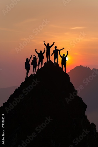 A group of people standing on top of a mountain, suitable for travel and adventure concepts
