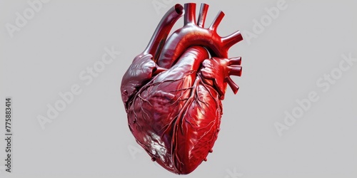 Detailed model of a human heart on a neutral gray background, ideal for medical or educational purposes