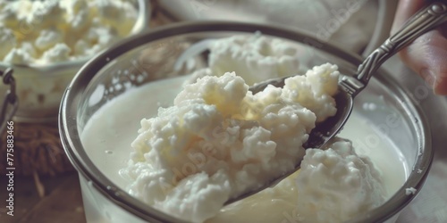 Fresh cottage cheese in a bowl with a spoon, ideal for healthy eating concept
