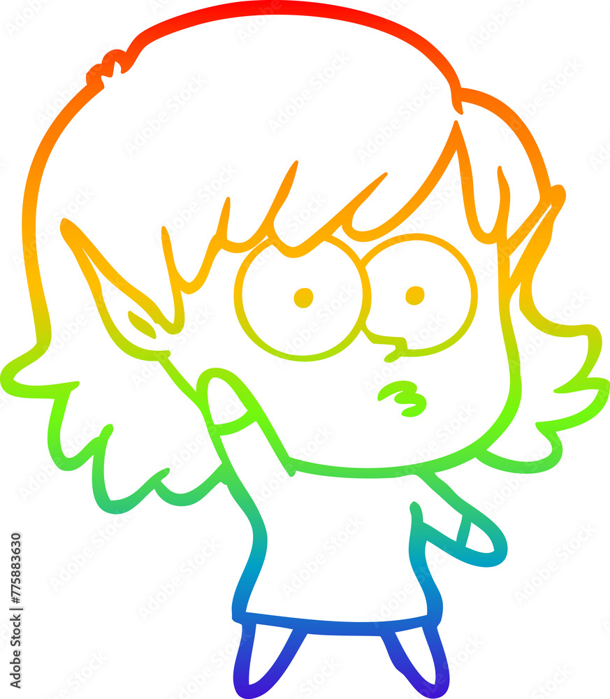 rainbow gradient line drawing of a cartoon elf girl waving rainbow gradient line drawing of a cartoon elf girl waving