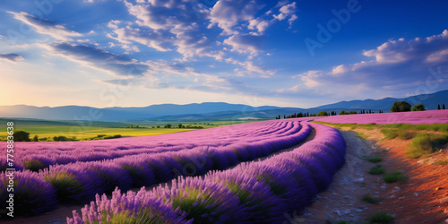 A scenic countryside road lined with blooming lavender fields, leading towards distant hills.