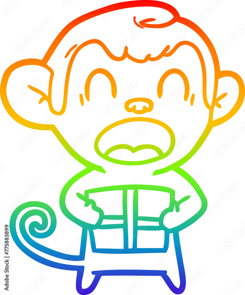 rainbow gradient line drawing of a shouting cartoon monkey carrying christmas gift rainbow gradient line drawing of a shouting cartoon monkey carrying christmas gift