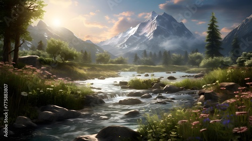 Panoramic view of a mountain river at sunset in the Canadian Rockies