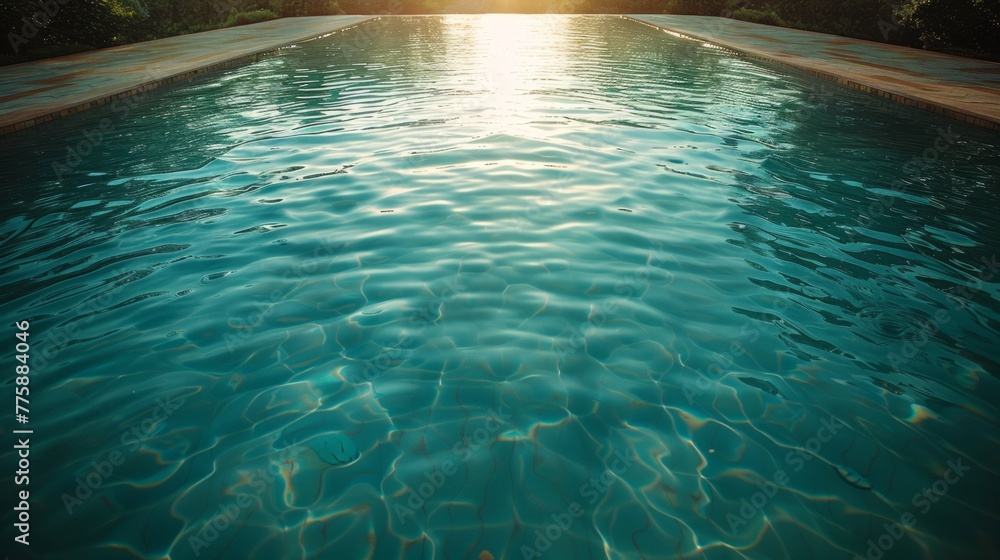 The serene pool reflects the soft glow of sunrise