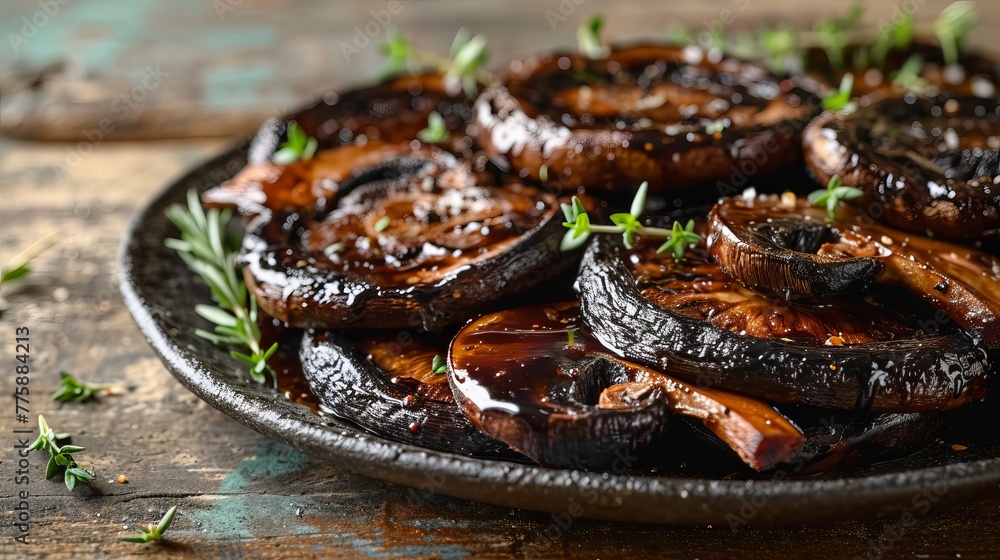 Gourmet Grilled Portobello Mushrooms with Fresh Herb Garnish on a Rustic Table Gourmet Grilled Portobello Mushrooms with Fresh Herb Garnish on a Rustic Table