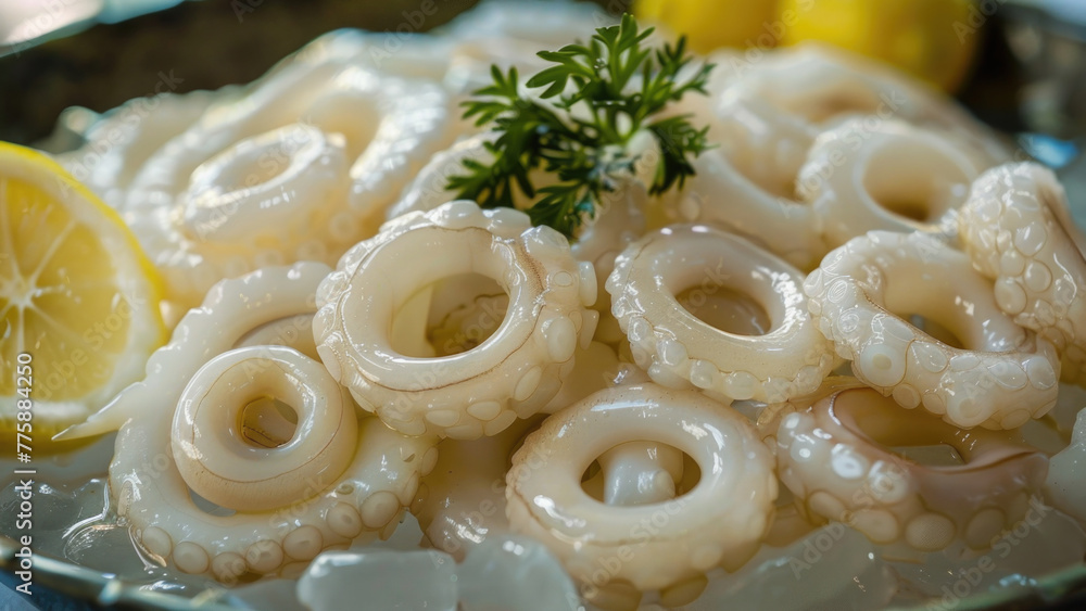 Plate of octopus rings with a lemon wedge. Perfect for seafood lovers Plate of octopus rings with a lemon wedge. Perfect for seafood lovers