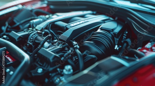 Close up of a car engine under the hood, perfect for automotive industry use