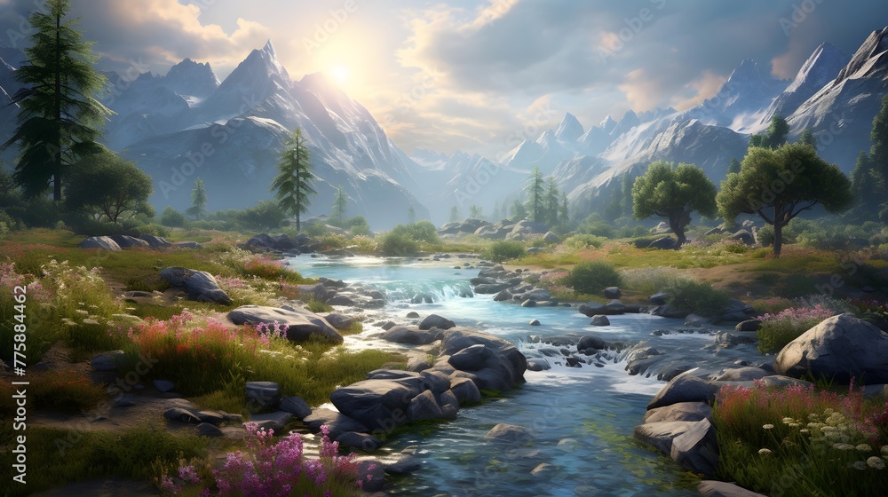 Panoramic view of the mountain river. Mountain river landscape.