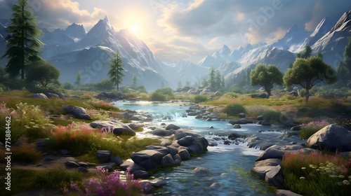 Panoramic view of the mountain river. Mountain river landscape. © Iman