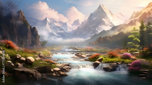 Beautiful panoramic landscape with mountain river and snow-capped peaks