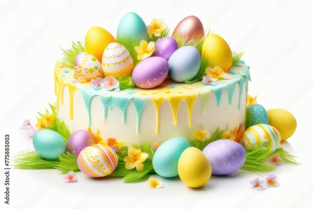 Easter cake or sweet bread decorated with white icing, red coloured Paschal eggs dyed, spring flowers, table and window background. Easter holiday decorations and symbols: bird and bunny. Easter cake or sweet bread decorated with white icing, red coloured Paschal eggs dyed, spring flowers, table and window background. Easter holiday decorations and symbols: bird and bunny.