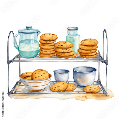 A steel wrack countertop filled with baking ingredients, bowls, cookies, jug, isolated, bakery, kitchen, food, storage space photo