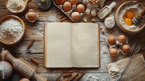 Rustic baking scene with empty recipe book © muji
