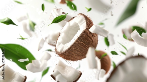 Coconuts flying through the air, perfect for tropical themed designs photo