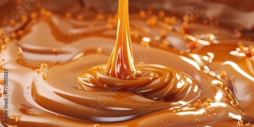 Liquid pouring from a spoon into a bowl of caramel. Suitable for food and cooking concepts