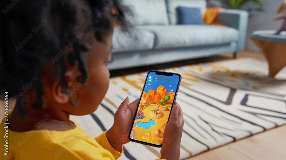 Young Girl Playing With Phone in Living Room