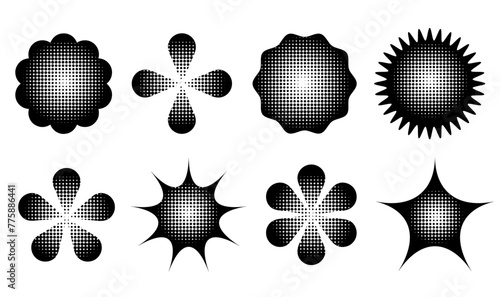 Brutalism colorful shapes icons with vintage dotted halftone texture. Trendy modern graphic element isolated on white background