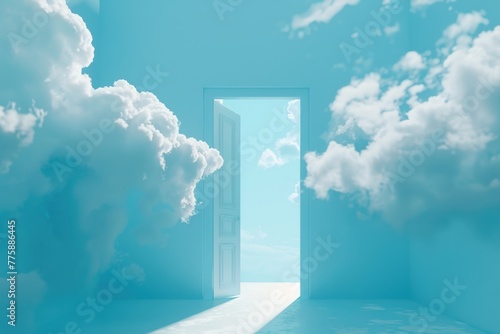 An open door leading to a beautiful sky with fluffy clouds. Perfect for concepts of freedom and new beginnings