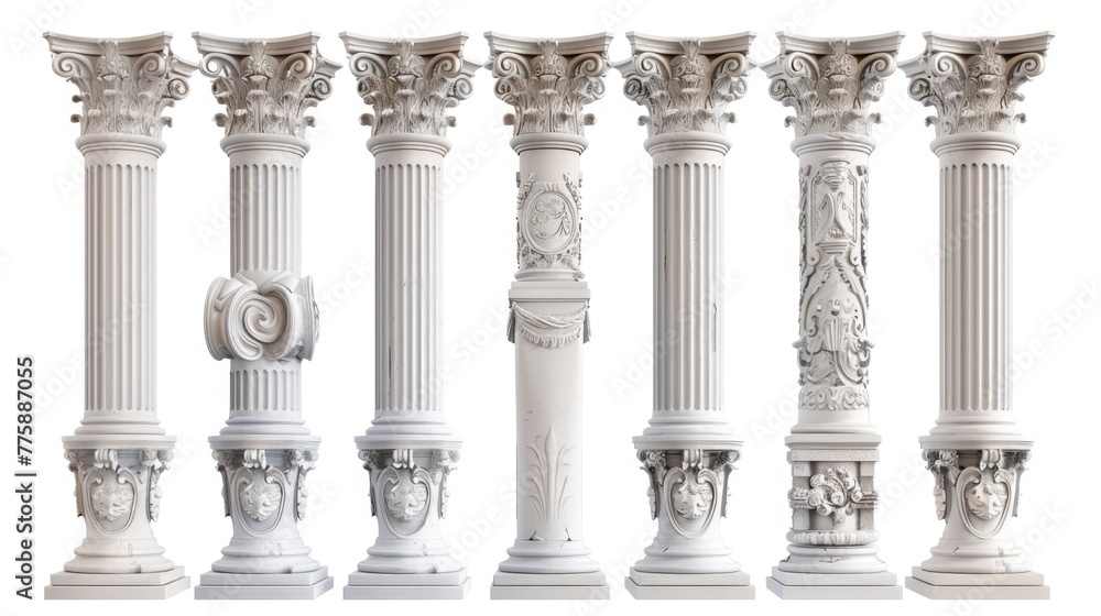 A row of white columns with intricate carvings, suitable for architectural projects