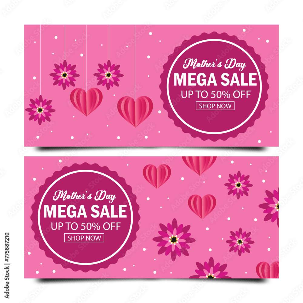 Happy Mothers day sale banner set with hearts and flower