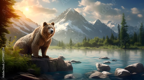 Wild brown bear in the mountains at sunset. 3d rendering. © Iman