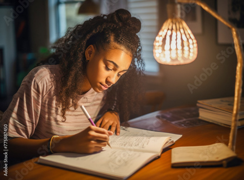 A teenage girl knows that knowledge is her best tool in life, which will help her overcome obstacles and build her future. And although homework can be a challenge, she finds strength  photo