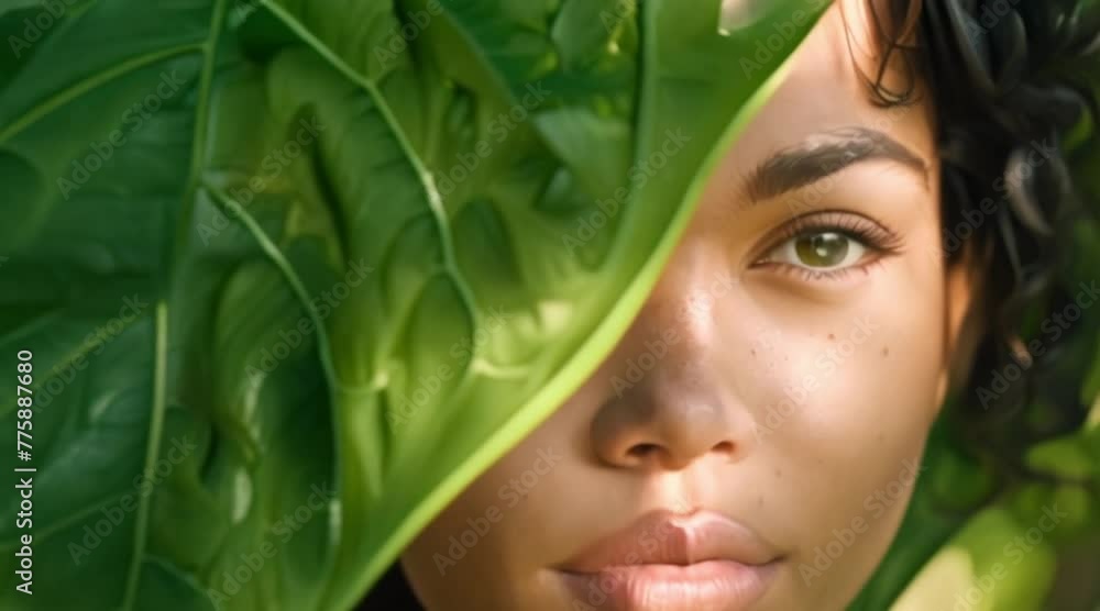 Close-up portrait video of a beautiful young woman with freckles, partially covered by a large green leaf. Close-up portrait video of a beautiful young woman with freckles, partially covered by a large green leaf.