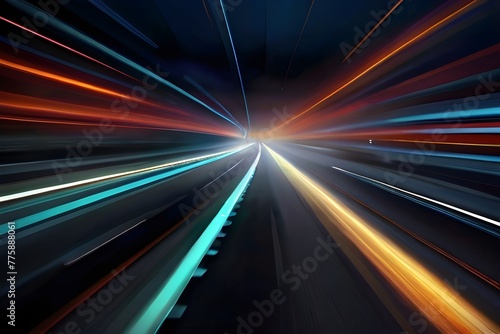 Acceleration speed motion on night road. Light and stripes moving fast over dark background. Abstract colorful Illustration. Generative AI