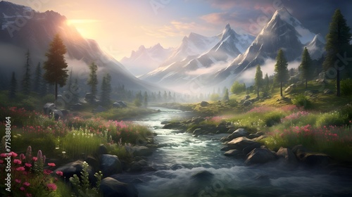 Panoramic view of the mountain river at sunset. Beautiful summer landscape. Digital painting. © Iman