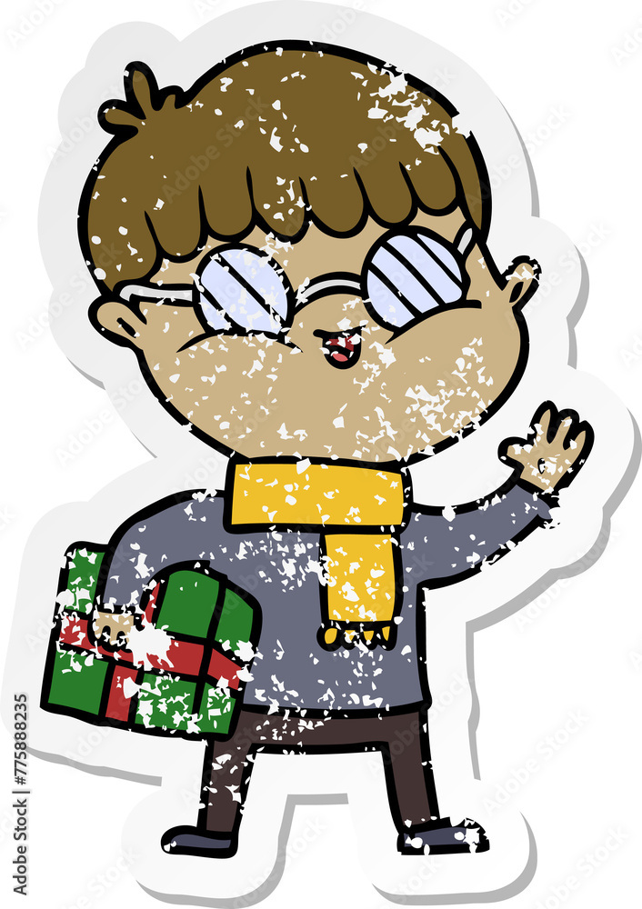 Obraz premium distressed sticker of a cartoon boy wearing spectacles carrying gift