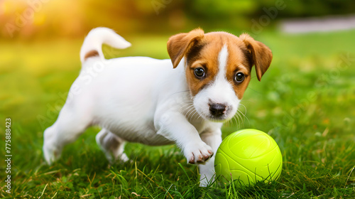A playful puppy chasing after a ball in a grassy field.


