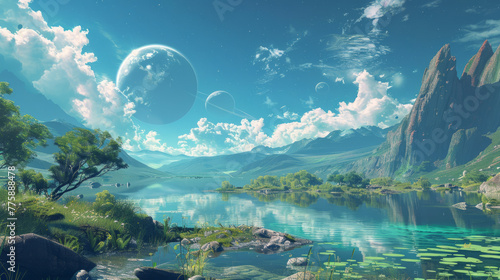 Fantasy Landscape, A serene extraterrestrial scene with multiple moons, pristine lakes, and levitating landmasses.