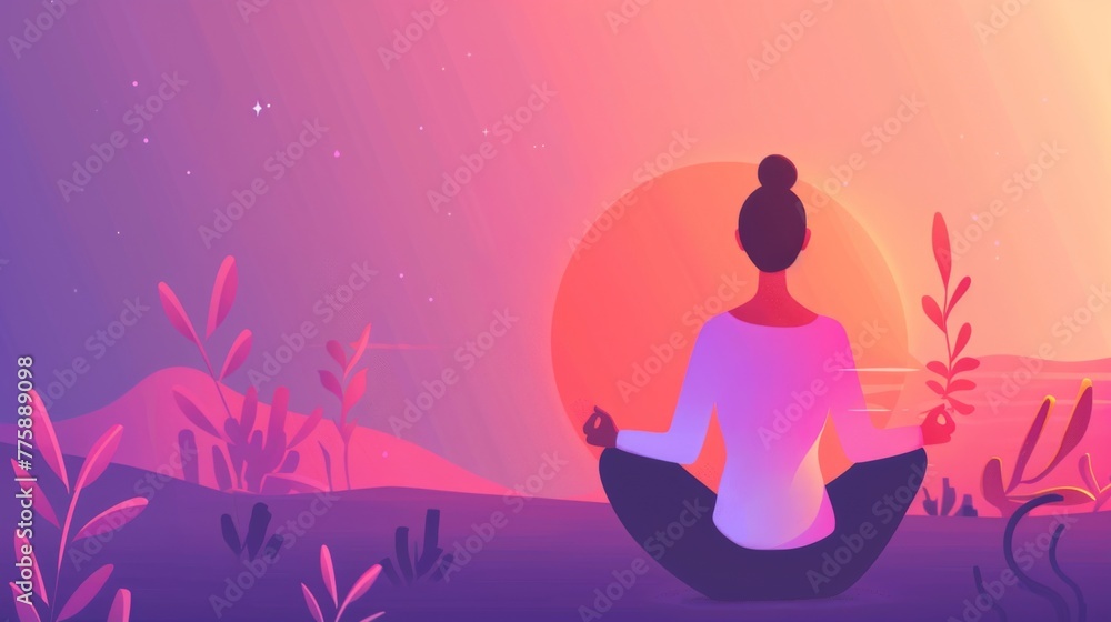 Woman Sitting in Lotus Position at Sunset