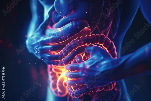 A woman holding her stomach with a glowing effect. Ideal for medical or healthcare concepts