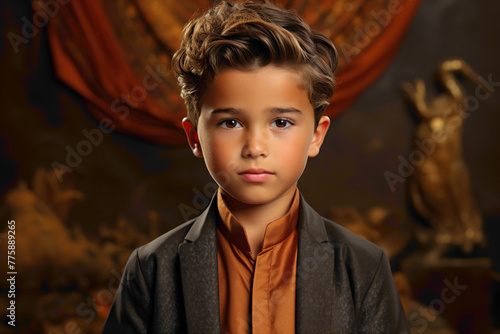 A portrait showcasing the cultural richness, featuring a Muslim boy in Shalwar Kameez against a warm brown backdrop. photo