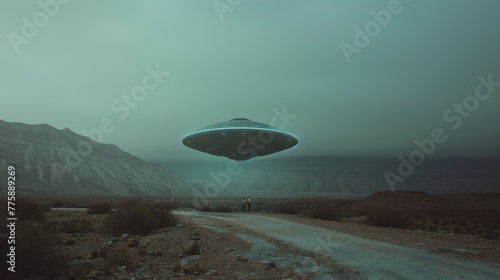 A futuristic alien spaceship flying over a rural dirt road. Suitable for sci-fi or extraterrestrial themed projects