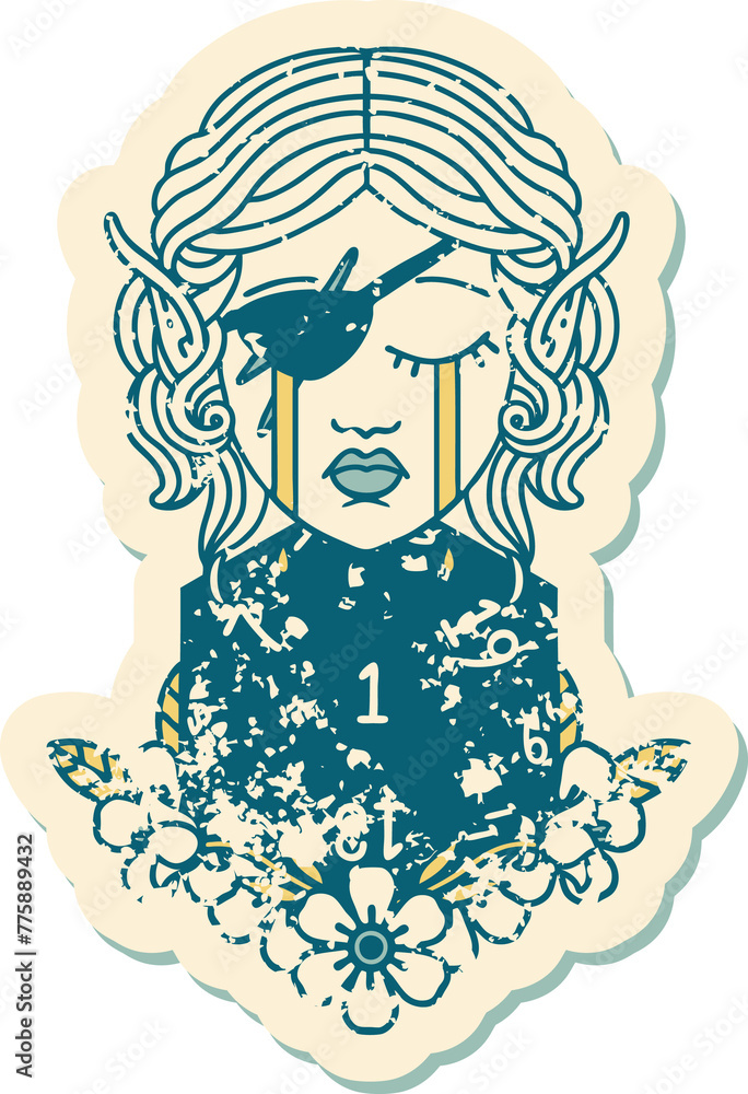 Retro Tattoo Style crying elf rogue character face with natural one D20 roll Retro Tattoo Style crying elf rogue character face with natural one D20 roll