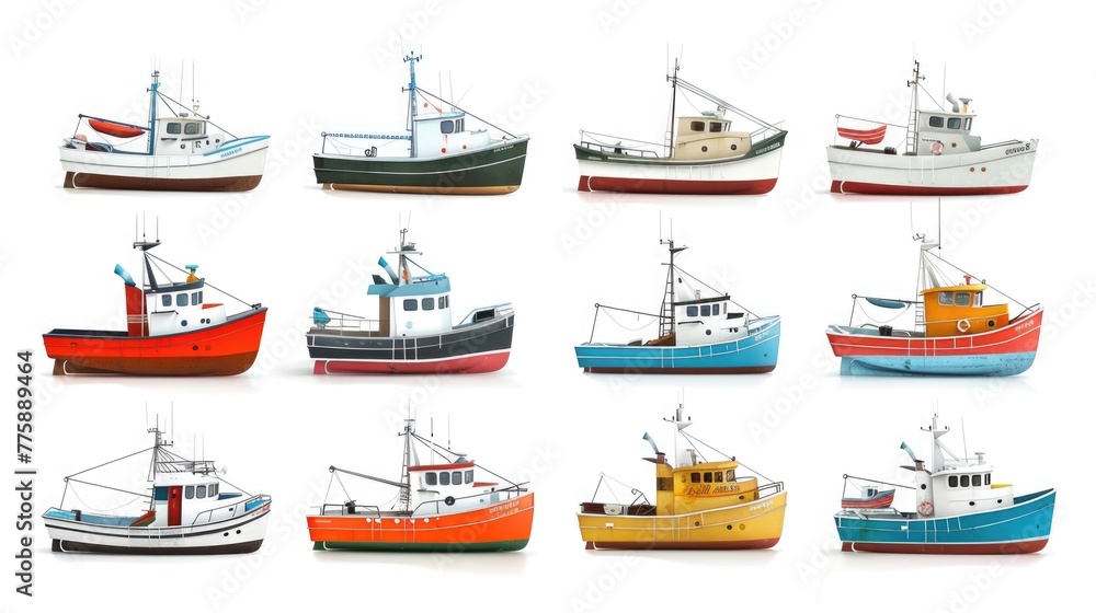Various colored boats on a white background. Suitable for travel and transportation themes Various colored boats on a white background. Suitable for travel and transportation themes