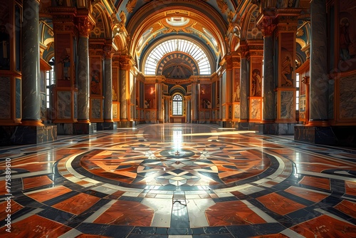 A grand hall with a circular marble floor design in the center stretches into the distance. The hall has a high ceiling with ornate moldings and a large window at the far end.