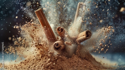 Cinnamon sticks sticking out of a pile of sand. Great for food or spice concepts photo
