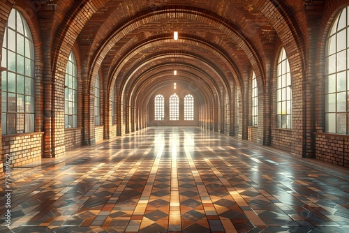 A long  narrow hallway with arched windows and a tiled floor stretches into the distance. The hallway appears to be made of brick and could possibly be located in a museum.